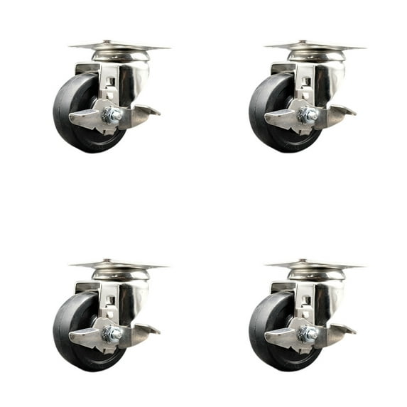 3.5 Inch 316SS Hard Rubber Wheel Swivel Top Plate Caster Set with Brake SCC
