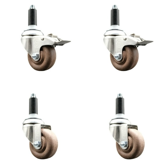 3.5 Inch 316SS High Temp Glass Filled Nylon 1 Inch Stem Caster Set 2 Brake