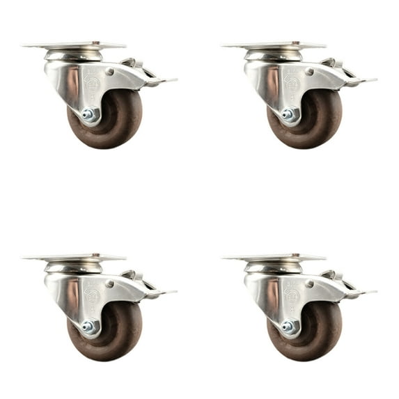 3.5 Inch 316SS High Temp Glass Filled Nylon Plate Caster Set Total Lock Brake