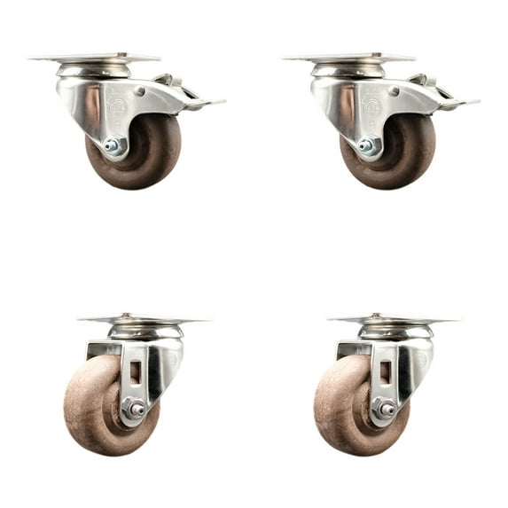 3.5 Inch 316SS High Temp Glass Filled Nylon Top Plate Caster Set 2 Lock Brakes