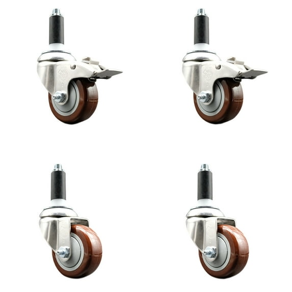 3.5 Inch 316SS Maroon Poly Swivel 1 Inch Stem Caster Set 2 Lock Brake SCC