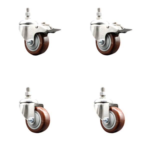 3.5 Inch 316SS Maroon Poly Swivel 12mm Threaded Stem Caster Set 2 Lock Brake