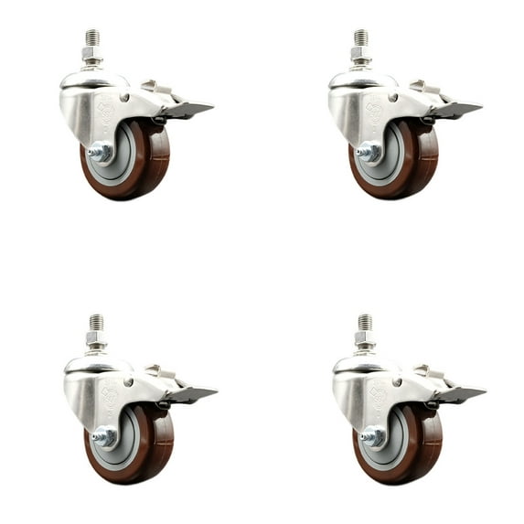 3.5 Inch 316SS Maroon Polyurethane Swivel 10mm Stem Caster Set Lock Brake