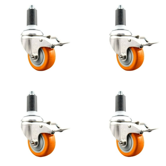 3.5 Inch 316SS Orange Poly Swivel 1-1/4 Inch Expanding Stem Caster Set Brake