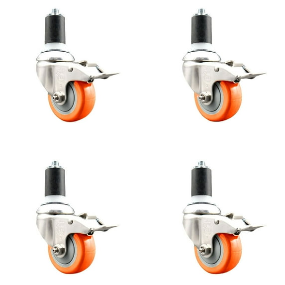 3.5 Inch 316SS Orange Poly Swivel 1-5/8 Inch Expanding Stem Caster Set Brake