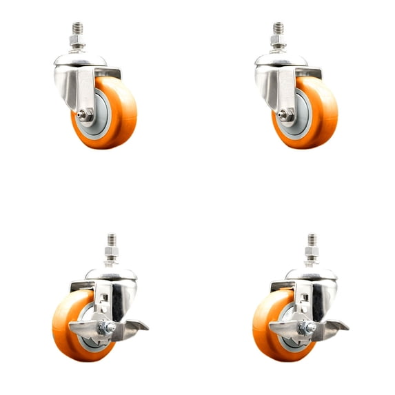 3.5 Inch 316SS Orange Polyurethane Swivel 10mm Stem Caster Set 2 Brake SCC