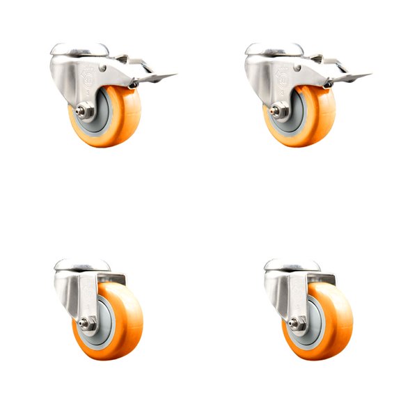 3.5 Inch 316SS Orange Polyurethane Swivel Bolt Hole Caster Set with 2 Lock Brake