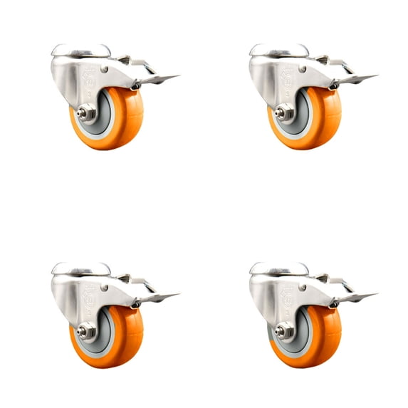 3.5 Inch 316SS Orange Polyurethane Swivel Bolt Hole Caster Set with Lock Brake