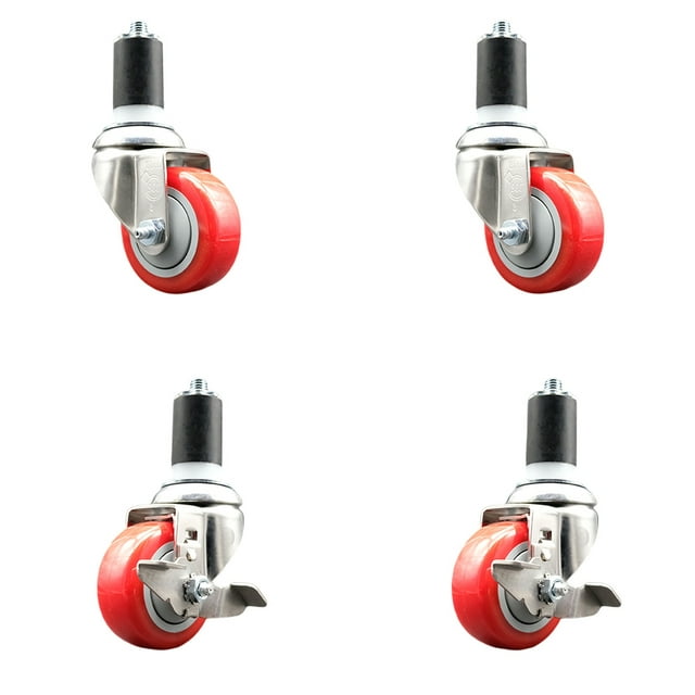 3.5 Inch 316SS Red Poly Swivel 1-1/2 Inch Expanding Stem Caster Set 2 Brake