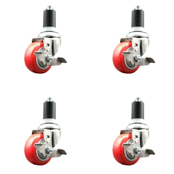 3.5 Inch 316SS Red Poly Swivel 1-5/8 Inch Expanding Stem Caster Set Brake SCC