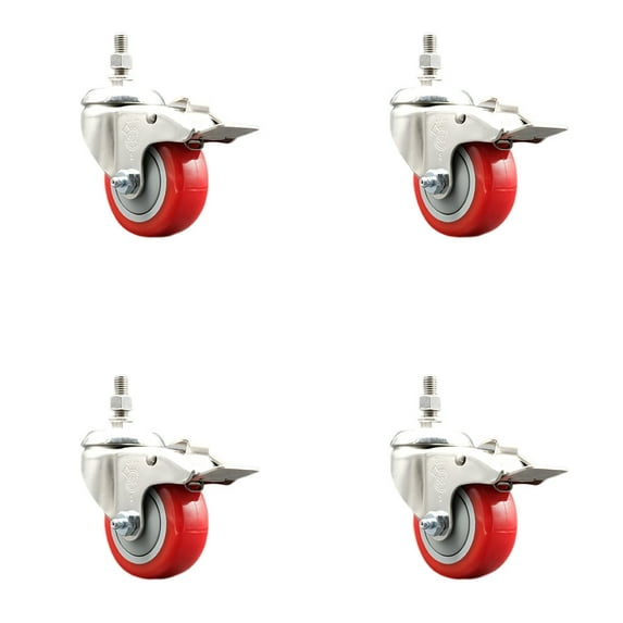 3.5 Inch 316SS Red Polyurethane Swivel 10mm Stem Caster Set Lock Brake SCC