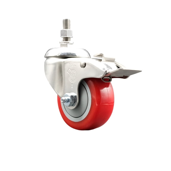 3.5 Inch 316SS Red Polyurethane Swivel 3/8 Inch Stem Caster Total Lock Brake