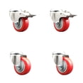 thumbnail image 1 of 3.5 Inch 316SS Red Polyurethane Swivel Bolt Hole Caster Set with 2 Lock Brake, 1 of 2
