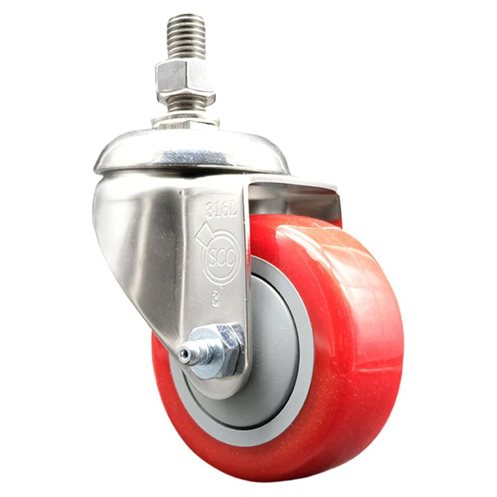 3.5 Inch 316SS Red Polyurethane Wheel Swivel ½ Inch Threaded Stem ...