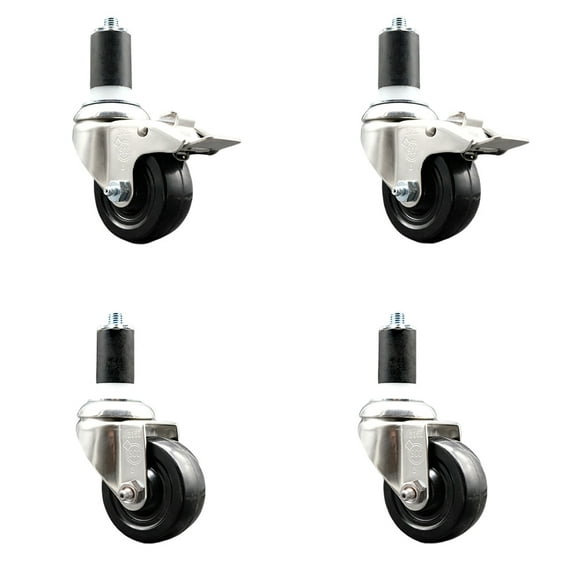 3.5 Inch 316SS Soft Rubber Swivel 1-5/8 Inch Stem Caster Set 2 Lock Brake SCC