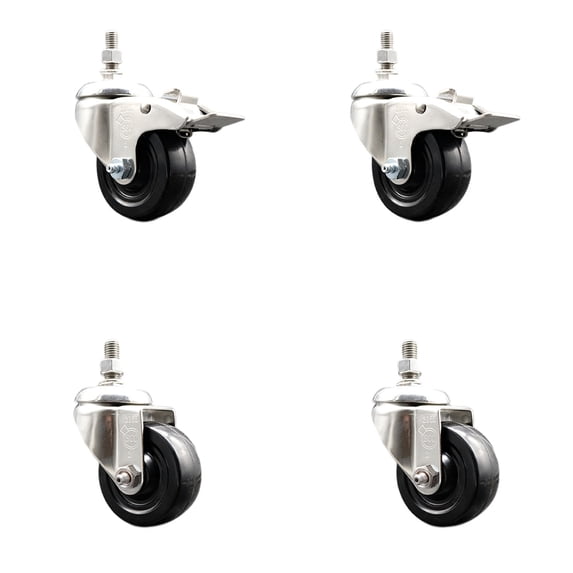 3.5 Inch 316SS Soft Rubber Swivel 12mm Threaded Stem Caster Set 2 Lock Brake