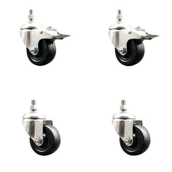 3.5 Inch 316SS Soft Rubber Swivel ½ Inch Threaded Stem Caster Set 2 Lock Brake