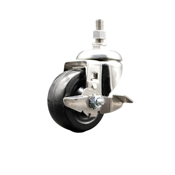 3.5 Inch 316SS Soft Rubber Wheel Swivel 12mm Threaded Stem Caster with Brake