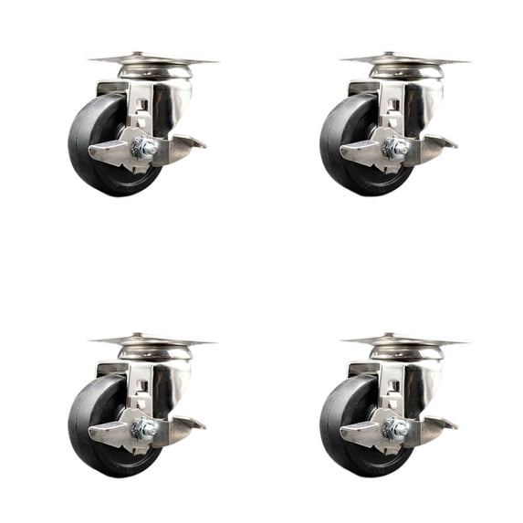 3.5 Inch 316SS Soft Rubber Wheel Swivel Top Plate Caster Set with Brake SCC