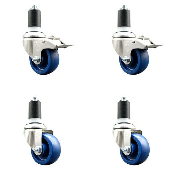 3.5 Inch 316SS Solid Polyurethane Swivel 1-1/2 Inch Stem Caster Set 2 Lock Brake