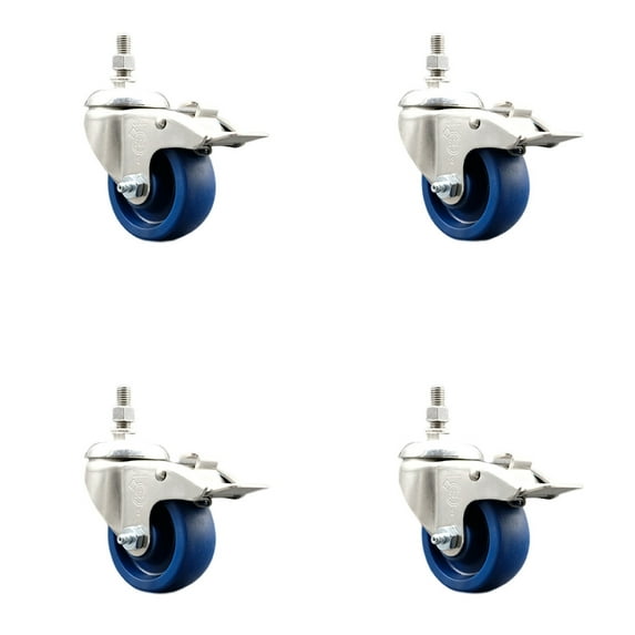 3.5 Inch 316SS Solid Polyurethane Swivel 10mm Stem Caster Set Lock Brake SCC