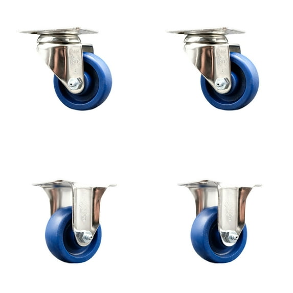 3.5 Inch 316SS Solid Polyurethane Wheel Swivel Top Plate Caster Set 2 Rigid SCC