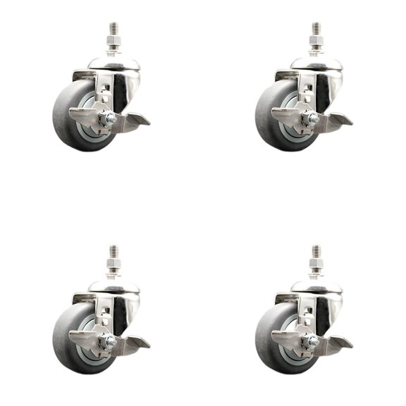 3.5 Inch 316SS Thermoplastic Rubber 3/8 Inch Threaded Stem Caster Set Brake SCC