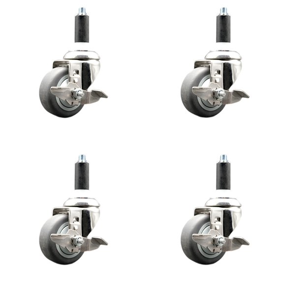 3.5 Inch 316SS Thermoplastic Rubber Swivel 1-1/8 Inch Stem Caster Set Brake SCC