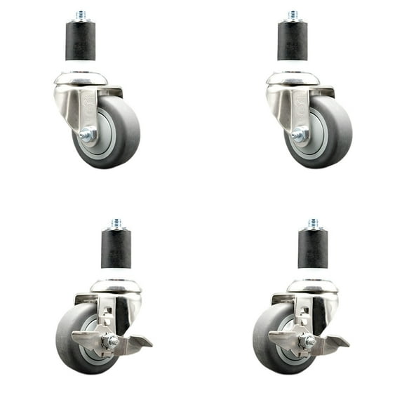 3.5 Inch 316SS Thermoplastic Rubber Swivel 1-7/8 Inch Stem Caster Set 2 Brake