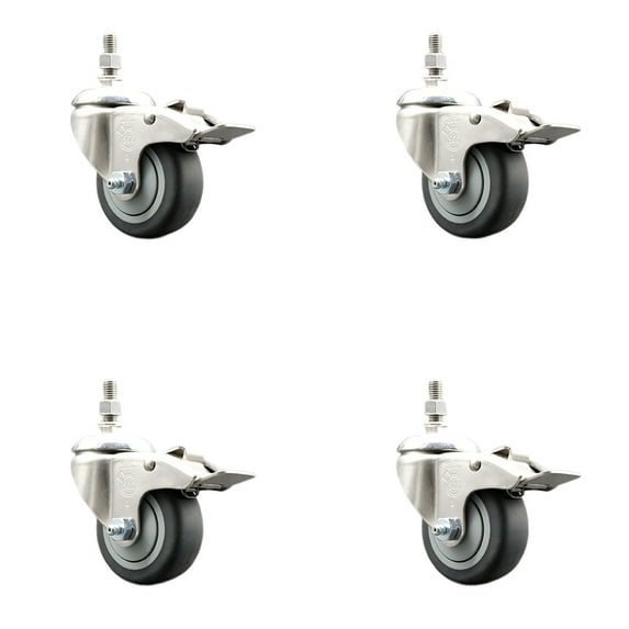 3.5 Inch 316SS Thermoplastic Rubber Swivel 12mm Stem Caster Set Lock Brake