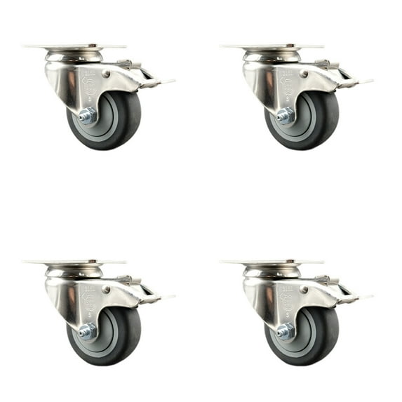 3.5 Inch 316SS Thermoplastic Rubber Swivel Top Plate Caster Set Total Lock Brake