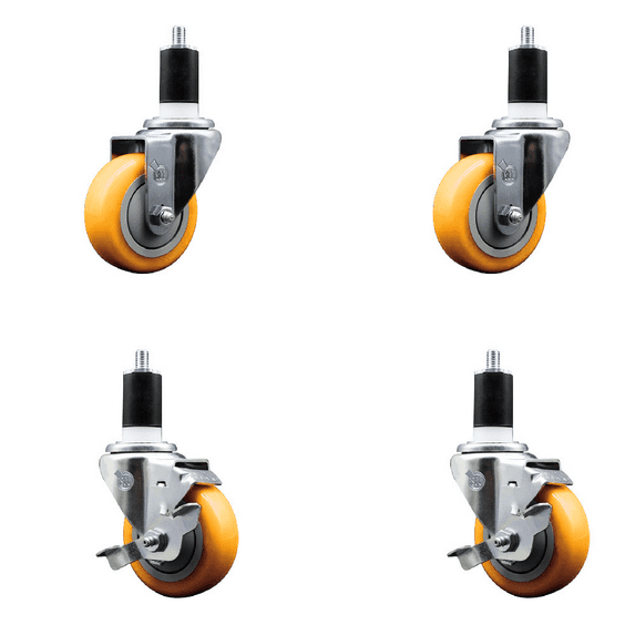 3.5 Inch 316SS Yellow Poly Swivel 1-1/2 Inch Expanding Stem Caster Set 2 Brake