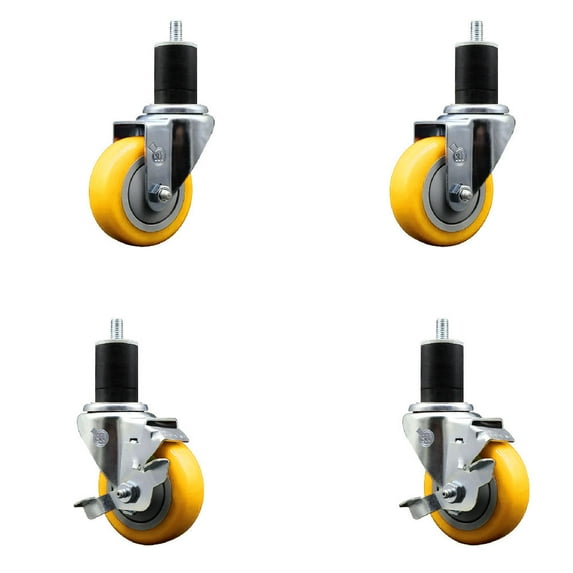 3.5 Inch 316SS Yellow Poly Swivel 1-3/4 Inch Expanding Stem Caster Set 2 Brake