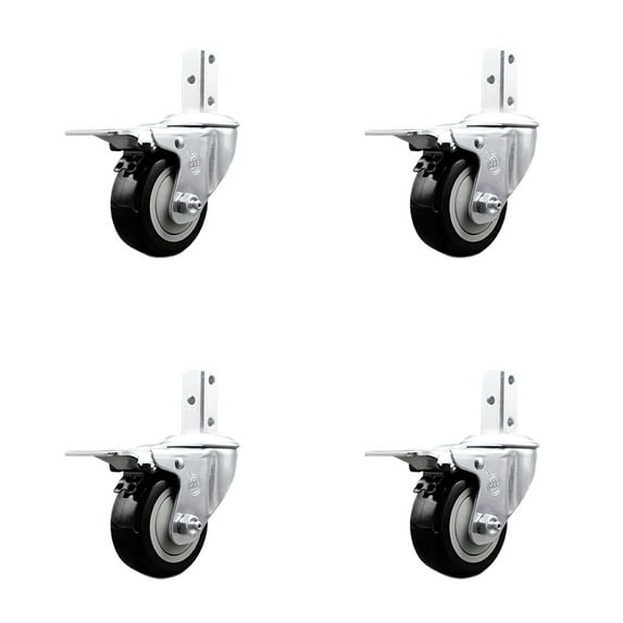 3.5 Inch Black Poly Swivel 3/4 Inch Square Stem Caster Set Total Lock Brake SCC