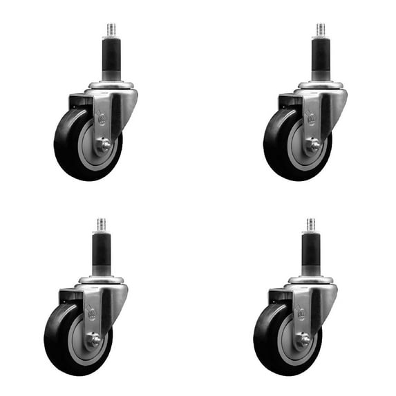 3.5 Inch Black Poly Wheel Swivel 1-1/8 Inch Expanding Stem Caster Set SCC