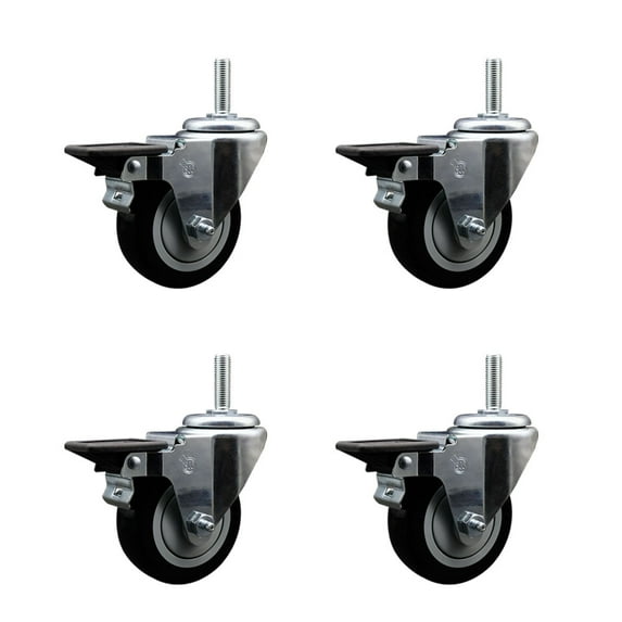 3.5 Inch Black Poly Wheel Swivel 3/4 Inch Threaded Stem Caster Set with Brake