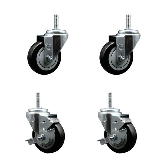 3.5 Inch Black Poly Wheel Swivel 5/8 Inch Threaded Stem Caster Set 2 Brakes