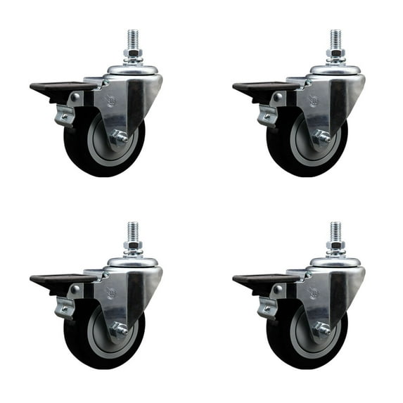 3.5 Inch Black Polyurethane 10MM Threaded Stem Caster Set with Brake
