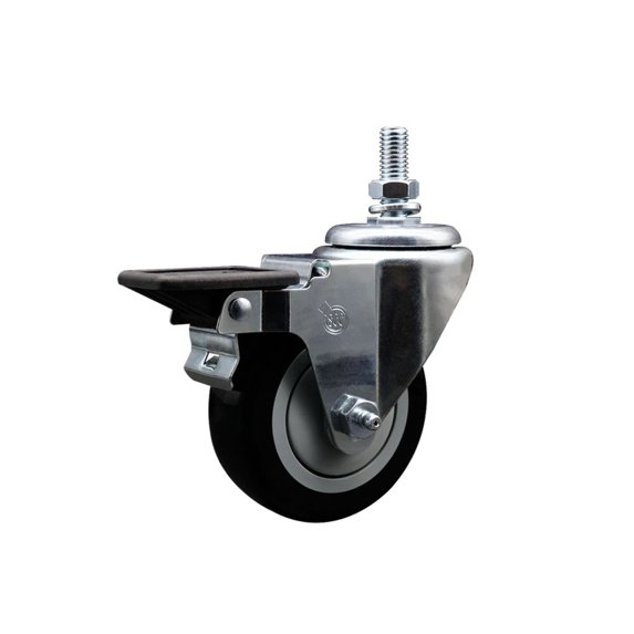 3.5 Inch Black Polyurethane 10MM Threaded Stem Caster with Brake