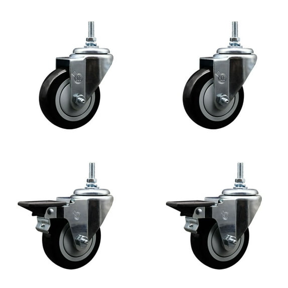 3.5 Inch Black Polyurethane 12MM Threaded Stem Caster Set 2 Brakes SCC