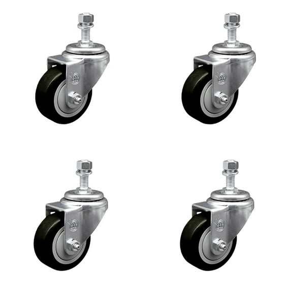 3.5 Inch Black Polyurethane Wheel Swivel ½ Inch Threaded Stem Caster Set SCC
