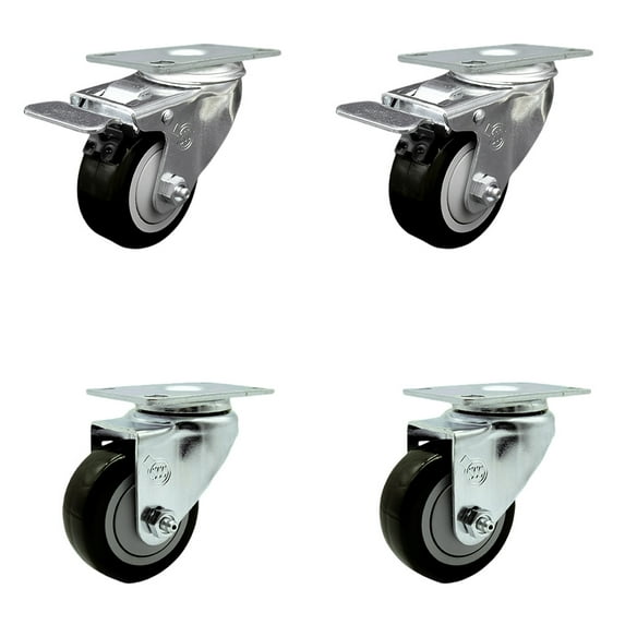 3.5 Inch Black Polyurethane Wheel Swivel Top Plate Caster Set 2 Total Lock Brake