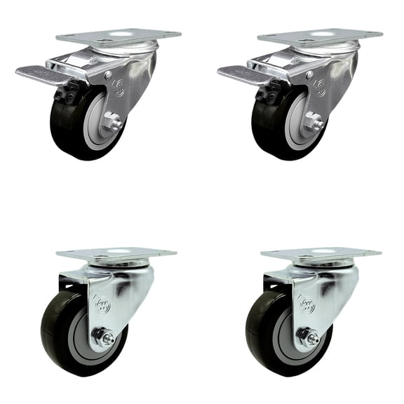 3.5 Inch Black Polyurethane Wheel Swivel Top Plate Caster Set 2 Total Lock Brake