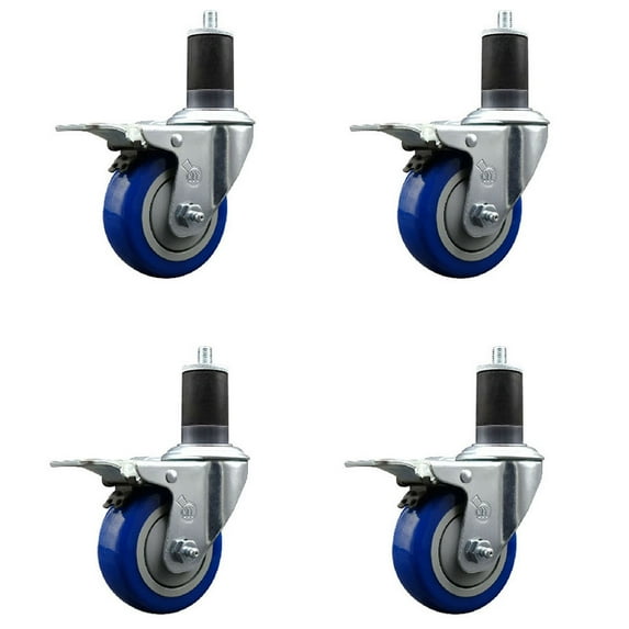 3.5 Inch Blue Poly Swivel 1-5/8 Inch Expanding Stem Caster Set Total Lock Brake