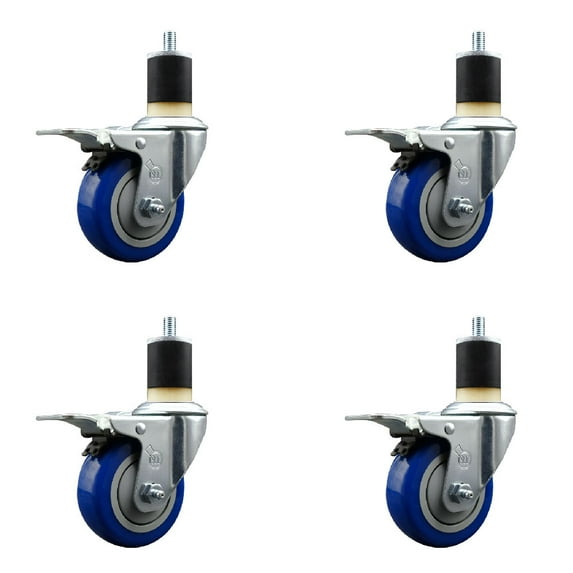 3.5 Inch Blue Poly Swivel 1-7/8 Inch Expanding Stem Caster Set Total Lock Brake