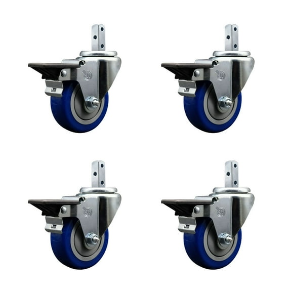 3.5 Inch Blue Poly Wheel Swivel 3/4 Inch Square Stem Caster Set with Brake SCC