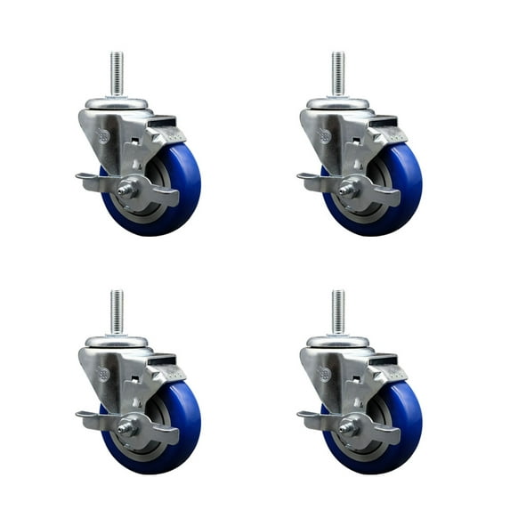3.5 Inch Blue Poly Wheel Swivel 3/4 Inch Threaded Stem Caster Set with Brake