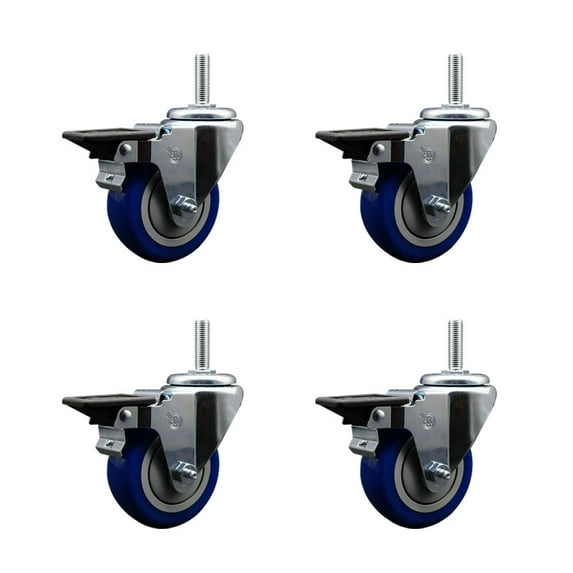 3.5 Inch Blue Poly Wheel Swivel 3/4 Inch Threaded Stem Caster Set with Brake
