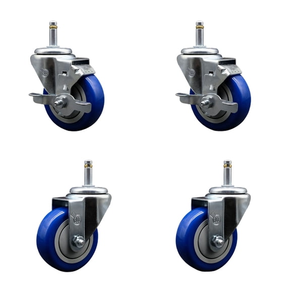 3.5 Inch Blue Poly Wheel Swivel 7/16 Inch Grip Ring Stem Caster Set 2 Brakes