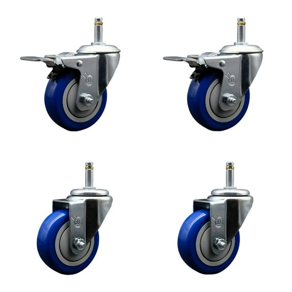 3.5 Inch Blue Poly Wheel Swivel 7/16 Inch Stem Caster Set 2 Total Lock Brake